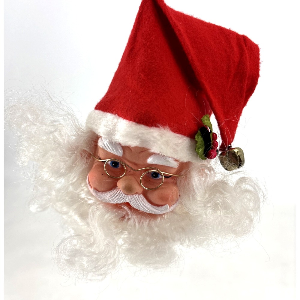 Vintage Santa Claus Head Hanging Christmas Ornament Rubber Face‎ Wire Glasses 4"